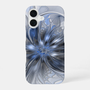 Coque iPhone 16 Art floral fractal abstrait aquarelle gris bleu