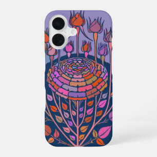 Coque iPhone 16 Art floral vintage coloré en violet et bleu