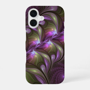 Coque iPhone 16 Art fractal abstrait violet pourpre kaki coloré