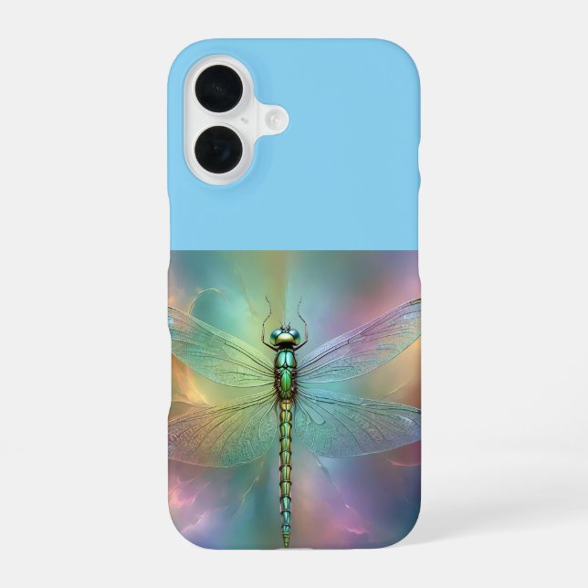 Coque iPhone 16 Art fractal élégant de libellule pastel, (Verso)