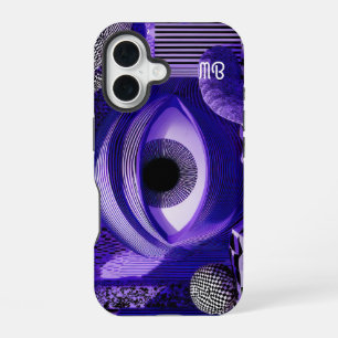 Coque iPhone 16 Art Géométrique Abstrait Moderne Noir Blanc Violet