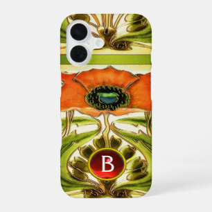 COQUE iPhone 16 ART NOUVEAU POPPY GEMME MONOGRAMME ROUGE VERT STY