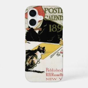 Coque iPhone 16 Art Nouveau vintage, artiste peignant avec un chat