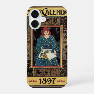 Coque iPhone 16 Art Nouveau vintage, femme lisant un livre d'astro
