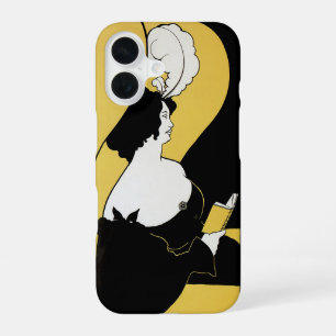 Coque iPhone 16 Art Nouveau vintage, femme lisant un livre jaune