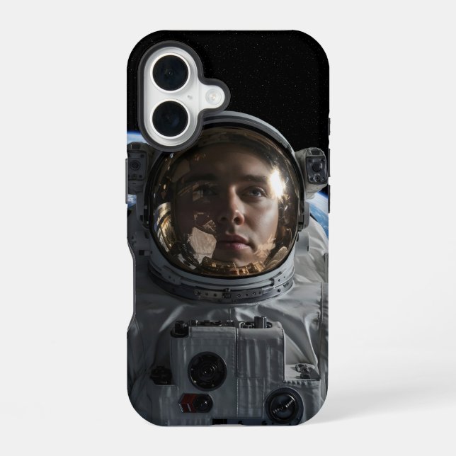 Coque iPhone 16 Astronaut flottant dans l'espace avec la Terre vis (Verso)