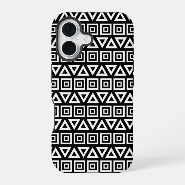 Coque iPhone 16 Aztec Triangles+Motif Carré blanc sur noir (Verso)