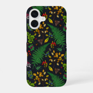 Coque iPhone 16 Baies forestières, feuilles et insectes sur fond g