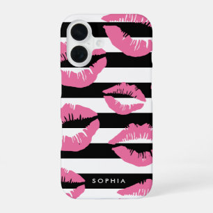 Coque iPhone 16 Baisers d'empreinte de lèvre rose clair sur rayure
