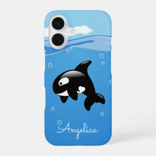 Coque iPhone 16 Baleine orque mignonne dans l'océan avec un nom pe