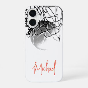 Coque iPhone 16 Ballon et filet de basket-ball noir et blanc Votre