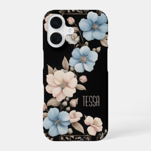 Coque iPhone 16 Bande florale bleu poussiéreux et rose coquillage