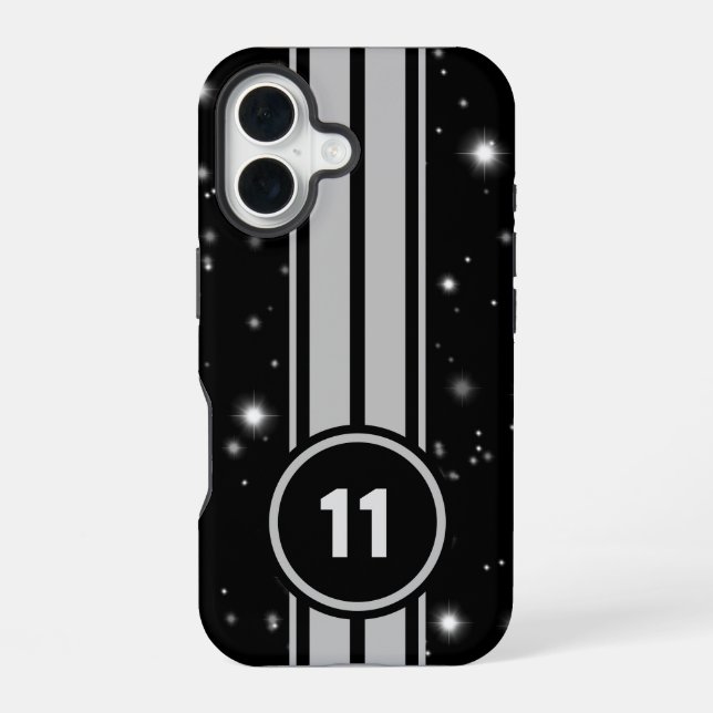 Coque iPhone 16 Bandes de course noires et argentées Starlight (Verso)