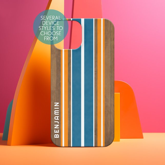 Coque iPhone 16 Bandes Surbord vintages - Nom personnalisé (Surfboard stripes on a phone case - add your name to personalize)