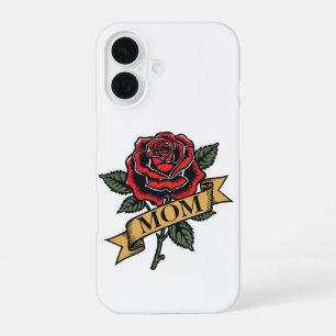 Coque iPhone 16 Bannière de rose rouge de style de tatouage vintag
