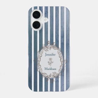 Coque iPhone 16 Baroque Bleu Gris Aquarelle