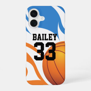 Coque iPhone 16 Basketball Flamboyant Personnalisé Bleu et Orange