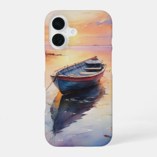 Coque iPhone 16 Bateau brut de style côtier au coucher du soleil
