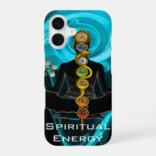 Coque iPhone 16 BÂTON ASCLÉPIUS, 7 CHAKRAS YOGA POSE DU LOTUS Bleu