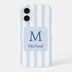 Coque iPhone 16 Bébé Bleu Stripes Garçon Monogramme Classique