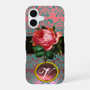 COQUE iPhone 16 BELLE ROSE ROSE BLEU SARCELLE DAMAS GEMME MONOGRAM
