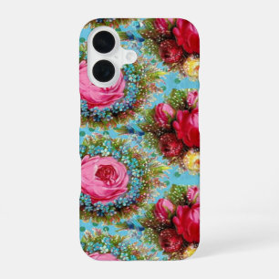 COQUE iPhone 16 BELLES ROSES ROSES ET FLEURS BLEUES