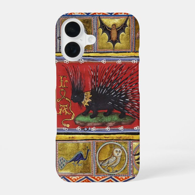 Coque iPhone 16 BESTIAIRE MÉDIÉVAL, ROI HÉRISSON NOIR et ANIMAUX  (Verso)