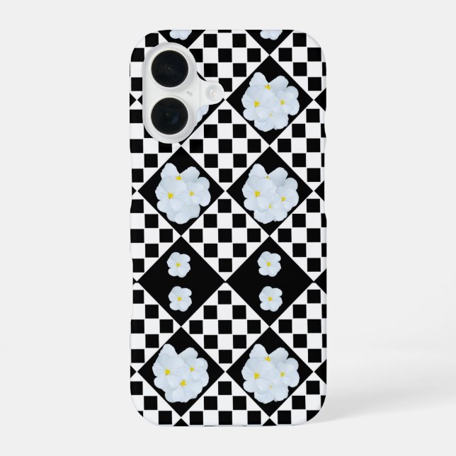 Coque iPhone 16 Black and White Checked Pansy Pattern (Verso)