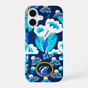 COQUE iPhone 16 BLANC HAWAI BLEU FLEURS GRAS FLORE MONOGRAMME