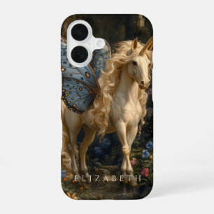 Coque iPhone 16 Blanc Unicorne Bleu Fée ailes Imaginaire Château