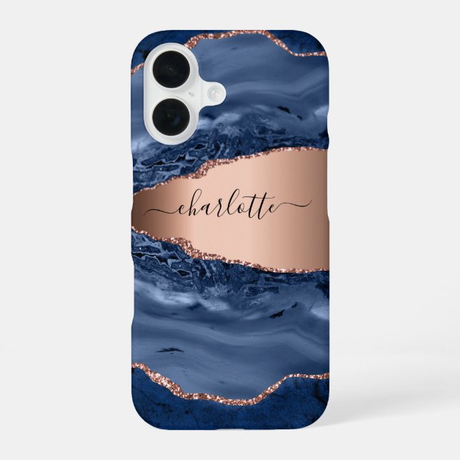 Coque iPhone 16 Bleu agate marbre rose or nom script (Verso)