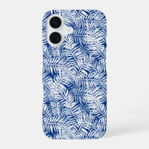 Coque iPhone 16 Bleu avec motif tropical blanc