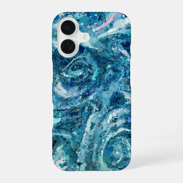 Coque iPhone 16 Bleu Blanc Turquoise Mer vague Splash Abstraction (Verso)