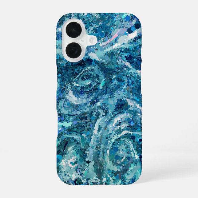 Coque iPhone 16 Bleu Blanc Turquoise Mer vague Splash Abstraction (Verso)