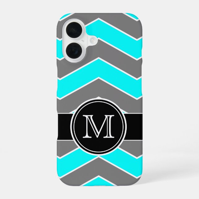 Coque iPhone 16 Bleu cyan, Gris, Chevron noir, Monogramme (Verso)