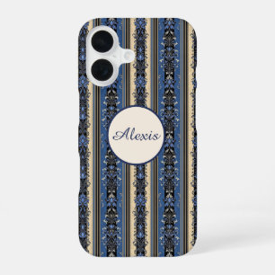 Coque iPhone 16 Bleu et or Damas rayures