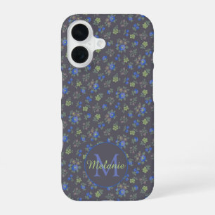 Coque iPhone 16 Bleu foncé Joli motif floral Personnalisé