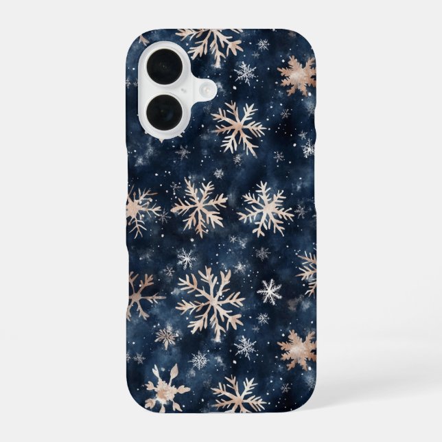 Coque iPhone 16 Bleu foncé simple avec flocons de neige (Verso)