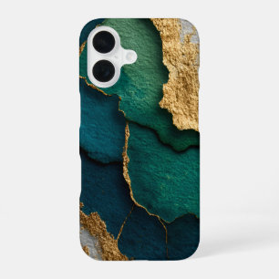 Coque iPhone 16 Bleu foncé, vert et or