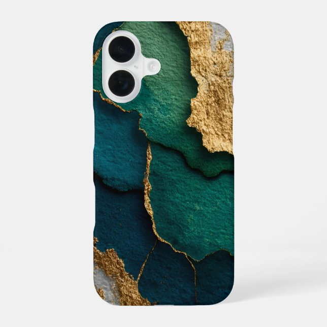 Coque iPhone 16 Bleu foncé, vert et or (Verso)