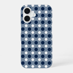 Coque iPhone 16 bleu-gris marine et points blancs