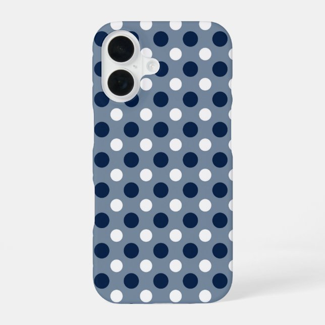 Coque iPhone 16 bleu-gris marine et points blancs (Verso)