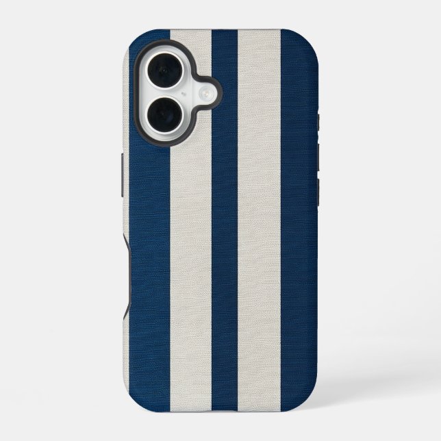 Coque iPhone 16 Bleu marine et crème rayure verticale sans couture (Verso)
