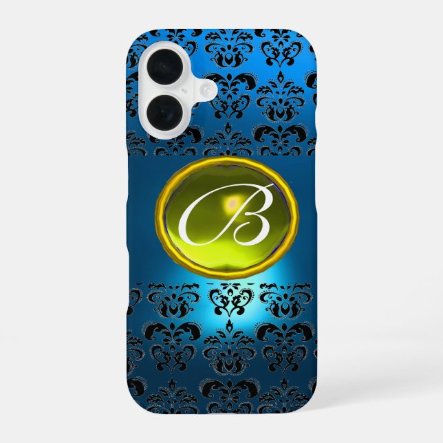 COQUE iPhone 16 BLEU NOIR DAMAS JAUNE MONOGRAMME GEM (Verso)