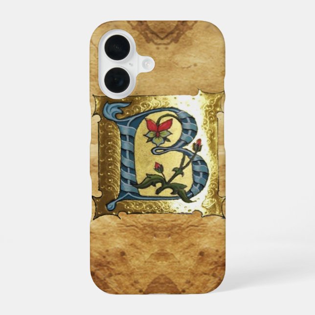 COQUE iPhone 16 BLEU OR LETTRE B AVEC FLEURS MONOGRAMME (Verso)
