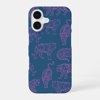 Coque iPhone 16 Bleu profond avec tigres roses
