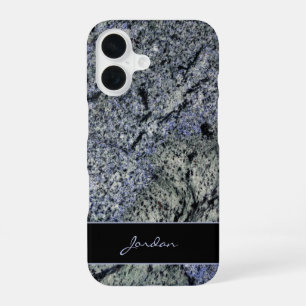 Coque iPhone 16 Bleu & Sage Vert Granit poli avec nom Pierre