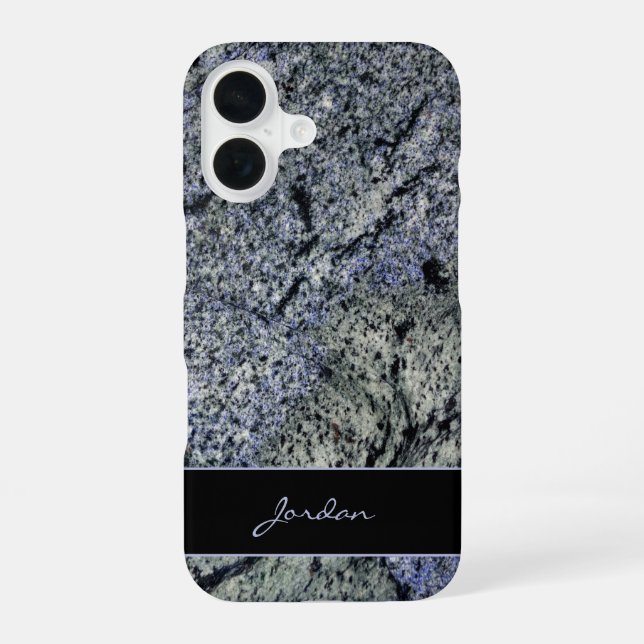Coque iPhone 16 Bleu & Sage Vert Granit poli avec nom Pierre (Verso)