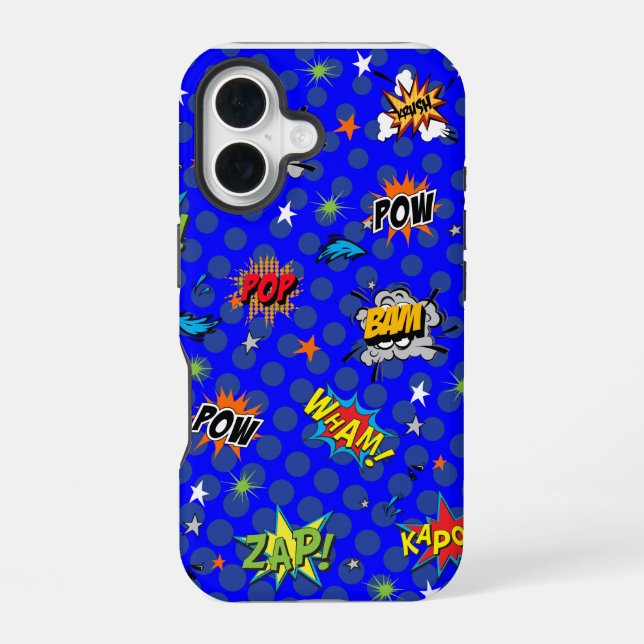 Coque iPhone 16 Bleu Superhero comique (Verso)