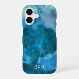 Coque iPhone 16 Bleu & Vert Moderne Aquarelle Personnalisée Monogr